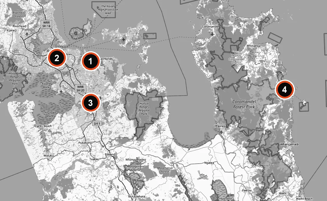 Map of Auckland and the Coromandel showing the four areas ZA Construction works in